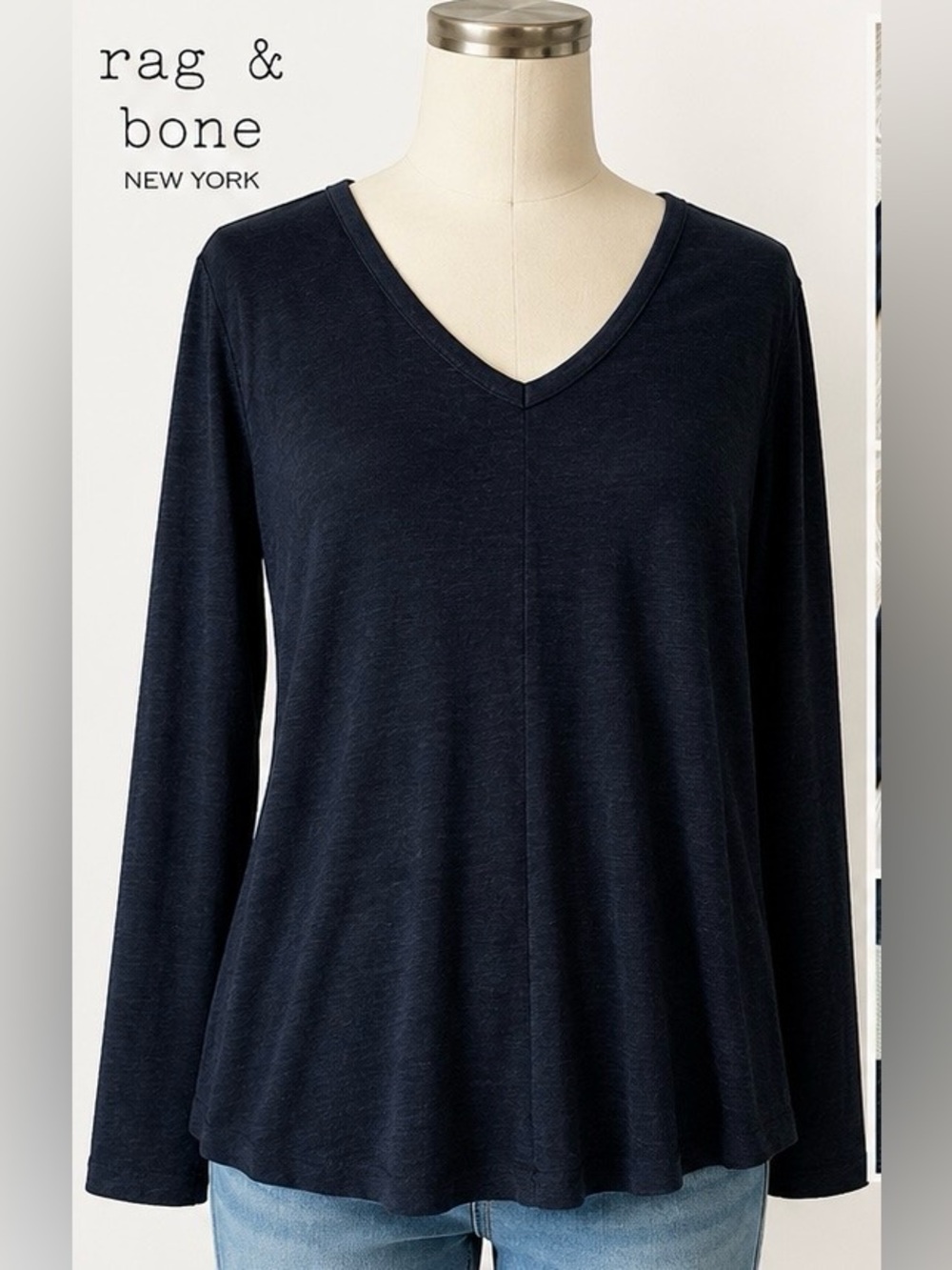 RAG & BONE V-NECK LONG SLEEVE NAVY TOP (S/P)